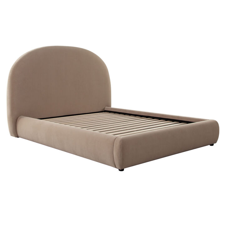 Feny King Size Bed w Arch Headboard, Camel Brown Velvet Upholstery