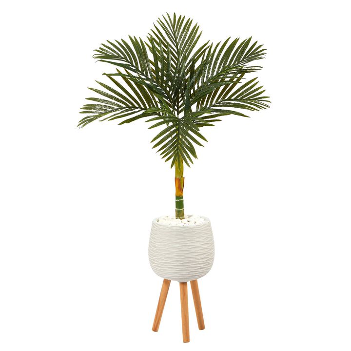 Nearly Natural 4.5-in Golden Cane Palm Tree in White Planter with Stand