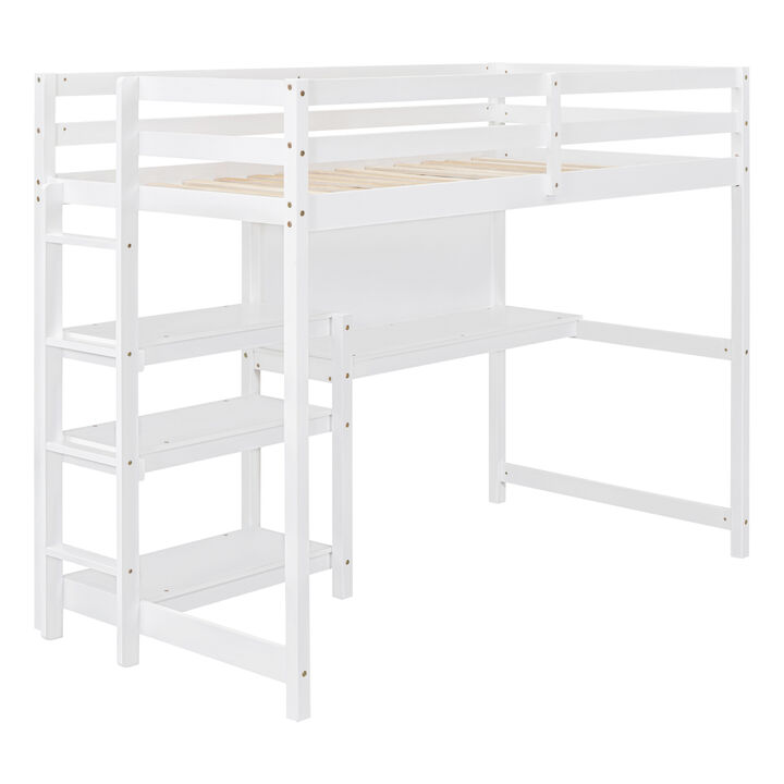 Twin Size Wooden Loft Bed with Shelves, Desk and Writing Board - White