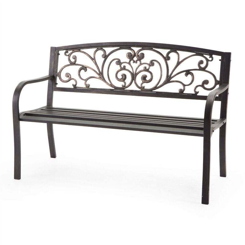 Hivvago Curved Metal Garden Bench with Heart Pattern in Black Antique Bronze Finish