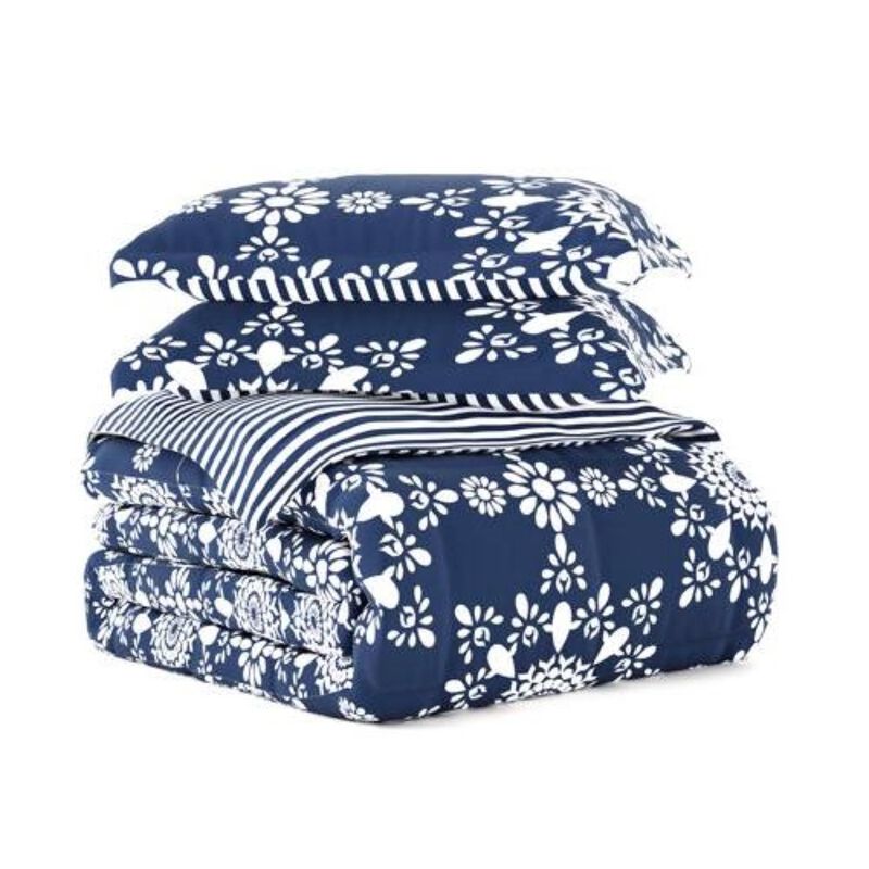 Hivvago King size 3 Piece Navy Blue White Reversible Floral Striped Comforter Set