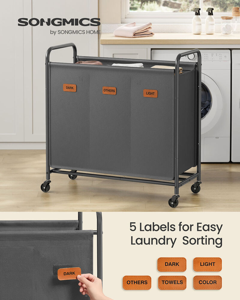 Large 3-Compartment Laundry Cart with Wheels – 44.9 Gal Slate Gray Hamper for Home or Dorm