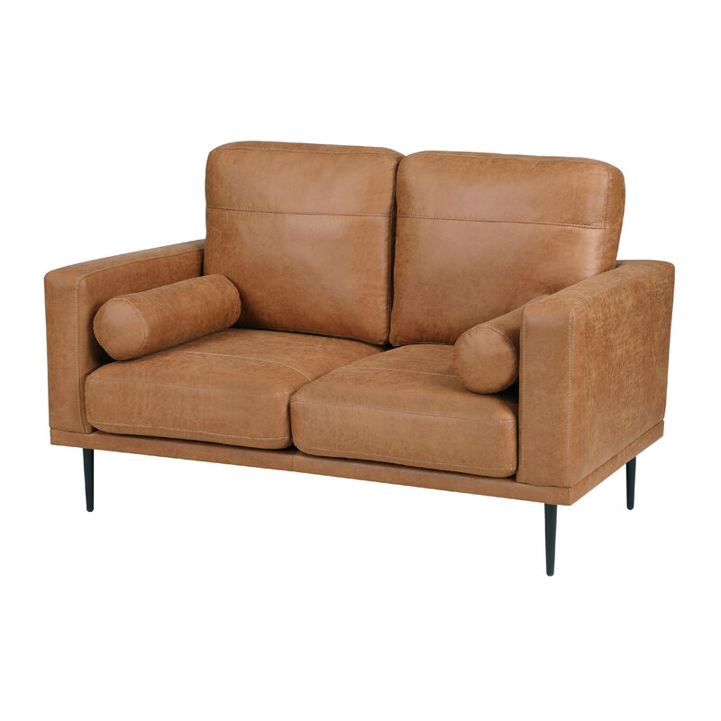 Coxi Loveseat with 2 Bolster Pillows, Soft Brown Microfiber, 58 Inch - Benzara