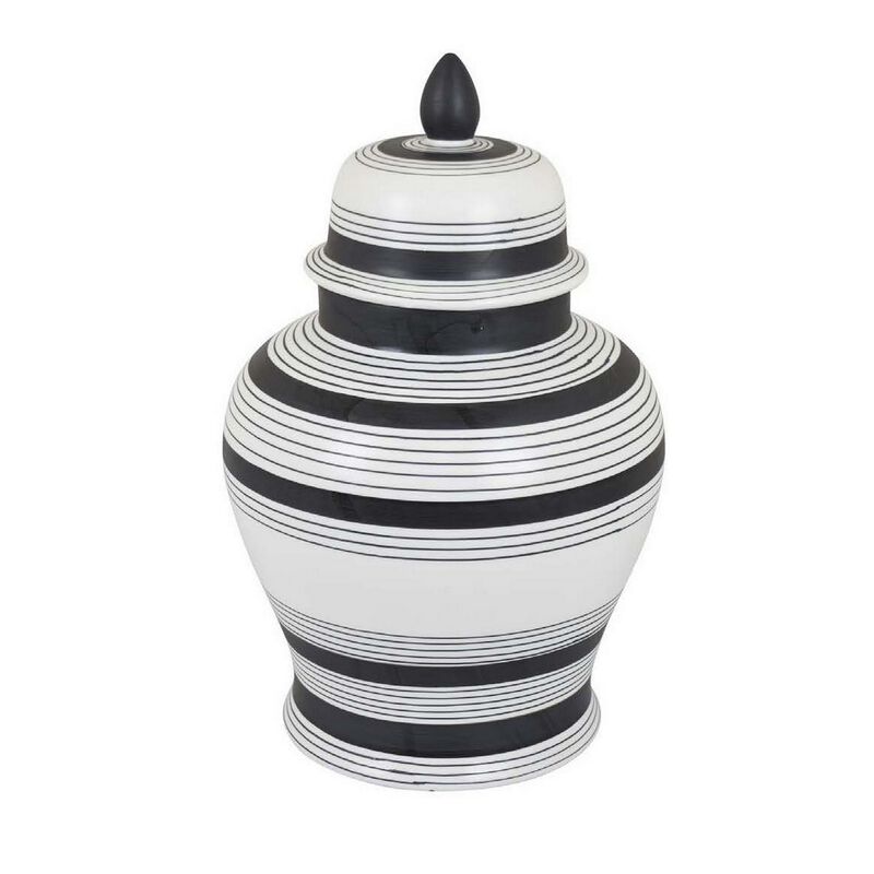 Decorative Jar w Lid, Minimalist Contrast, White Blue Lines, 16 Inch - Benzara