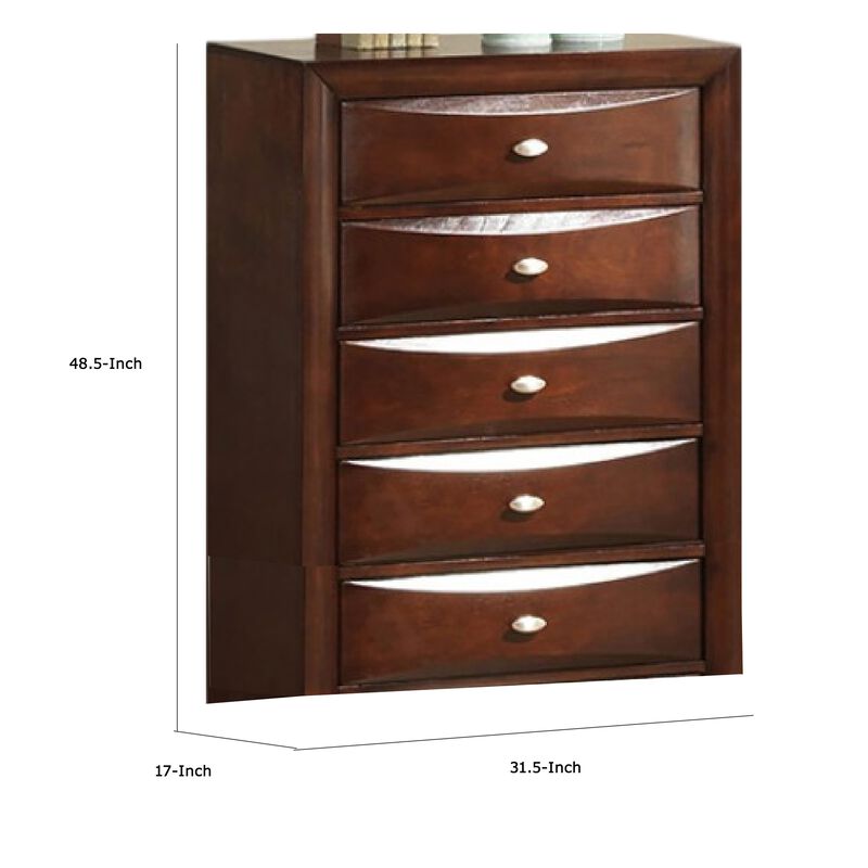 Simo Tall Dresser Chest, 5 Drawers Chrome Handles, Modern Cherry Brown