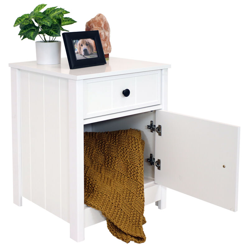 Sunnydaze Beadboard Side Table with Drawer and Cabinet - White - 23.75in