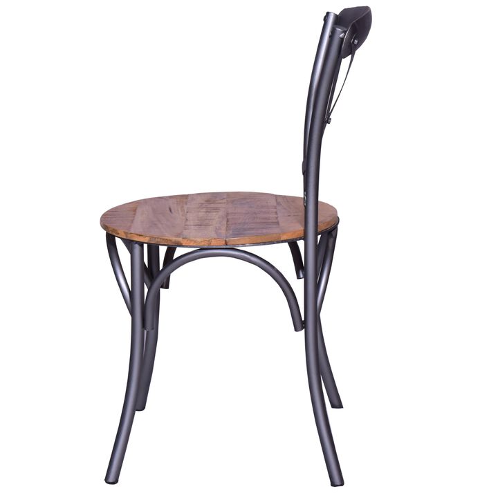 19 Inch Industrial Dining Accent Chair with Mango Wood Seat, Open X Iron Backrest, Metallic Gray, Brown-Benzara