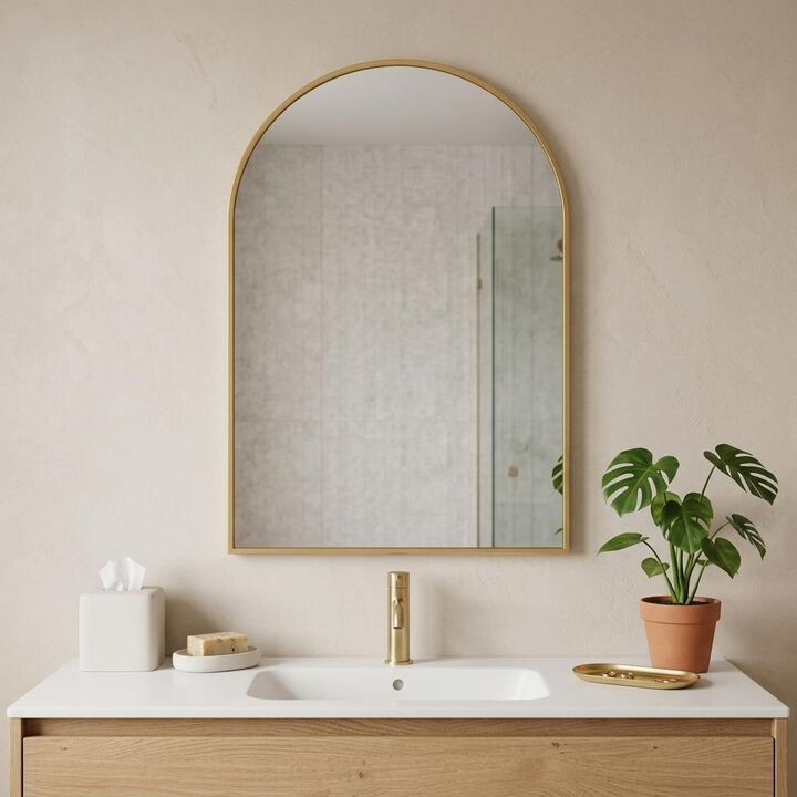 HomeRoots 35" Gold Aluminum Arch Framed Anti Fog Accent Mirror