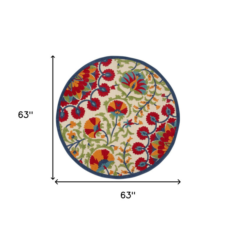 HomeRoots 5' Navy Blue Beige Green Blue And Red Round Floral Indoor Outdoor Area Rug image number 6