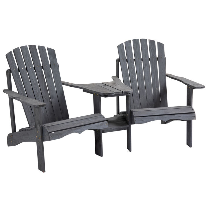 Outsunny Wooden Adirondack Chairs for Two People, Outdoor Fire Pit Chair with Table & Umbrella Hole, Patio Chair for Deck Lawn Pool Backyard, Gray