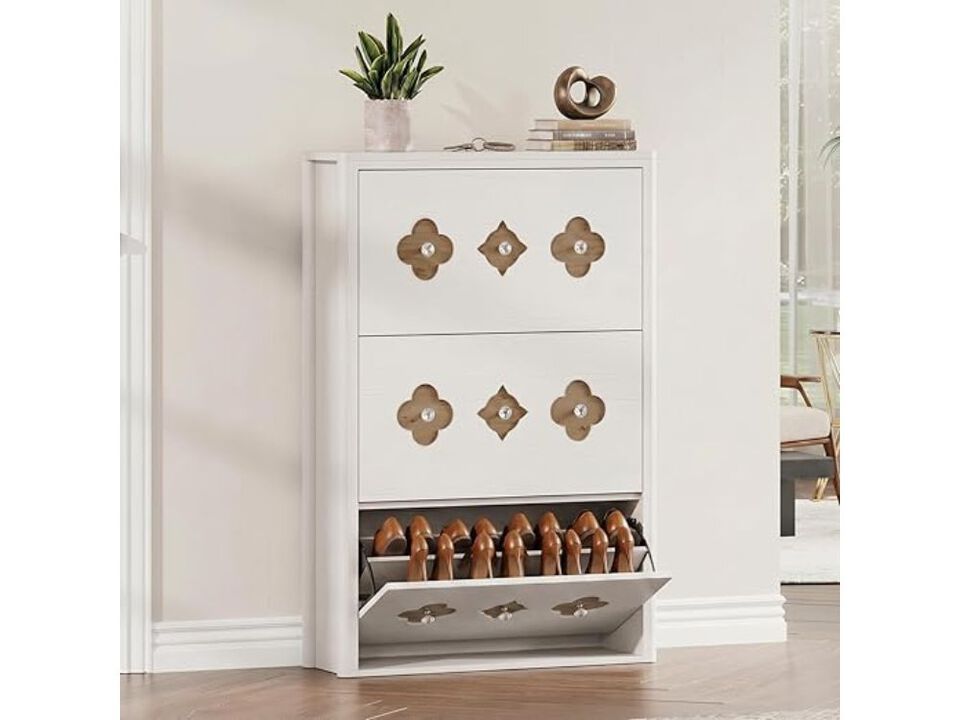 Entryway Shoe Storage Cabinet 3 Drawer Flip White Down Anti