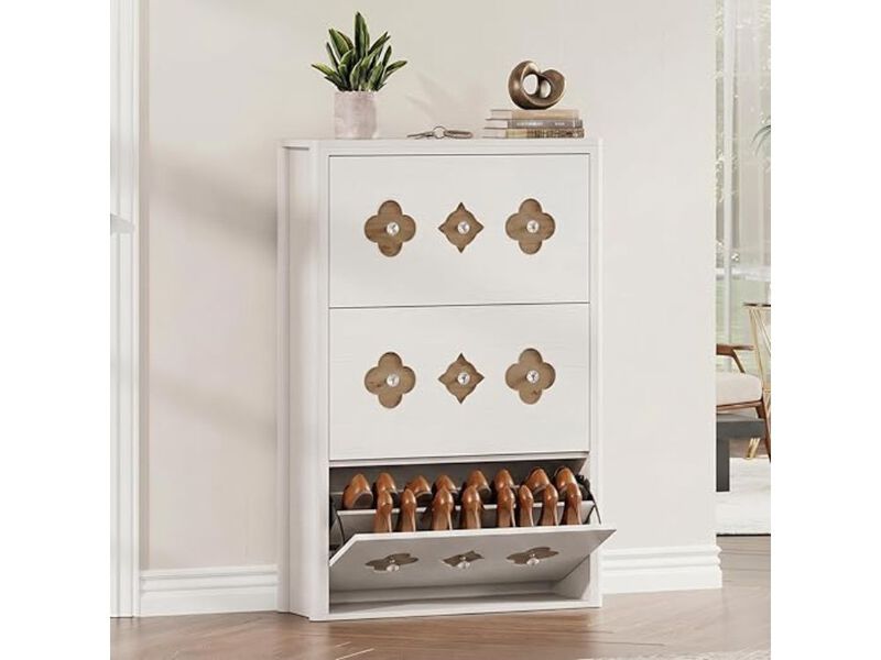Entryway Shoe Storage Cabinet 3 Drawer Flip White Down Anti image number 1