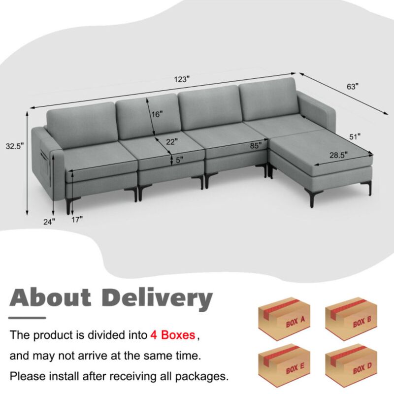 Convertible Sectional Sofa with Reversible Ottoman-4-Seat L-shaped with 2 USB Ports