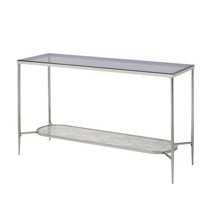 Sofa Table with Textured Obround Shelf, Silver-Benzara