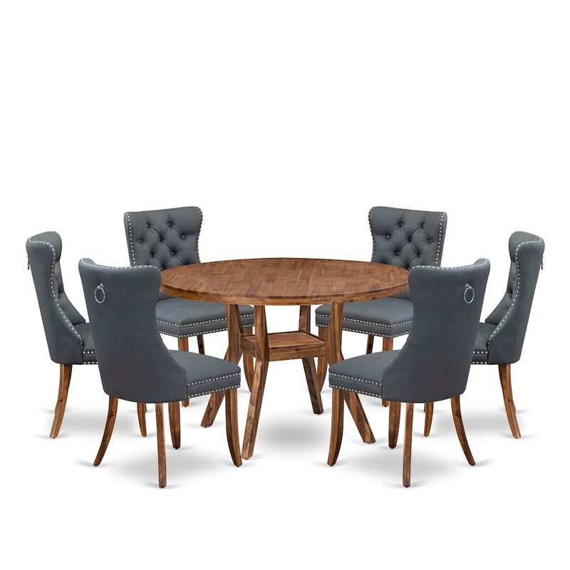 7-Piece Mid-Century Dining Table Set Of A Dining Table, 6 Platinum Gray Chairs