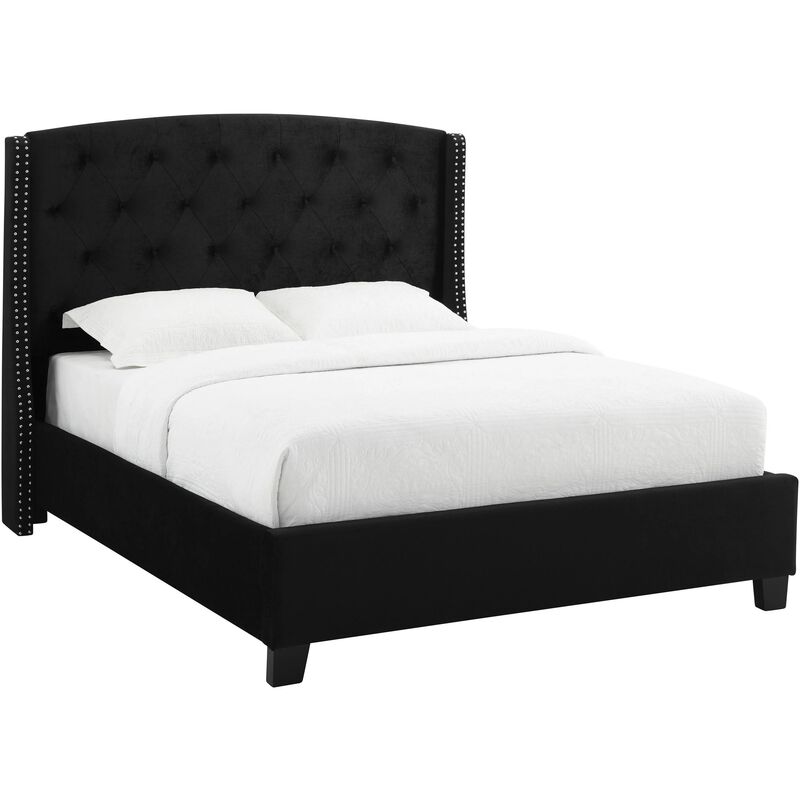 Elle Queen Size Bed, Low Profile, Black Button Tufted Upholstered Headboard - Benzara