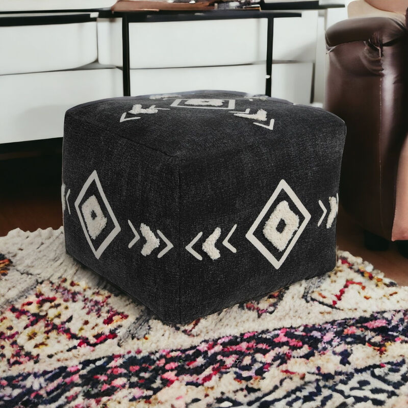 Hivvago 18 Inch Black Cotton Geometric Pouf Ottoman