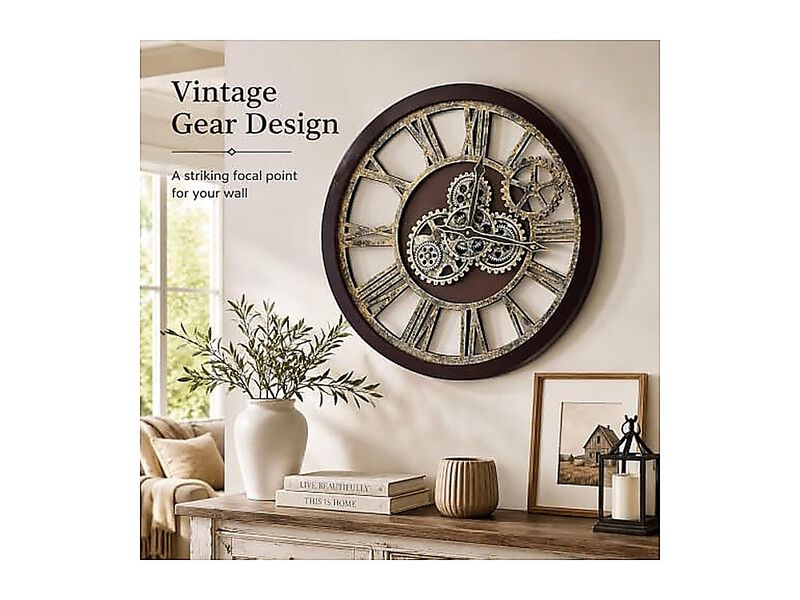 Style Large Wall Clock 24 Inch Cherry Red Bronze Real Moving Gears Rustic Retro image number 3