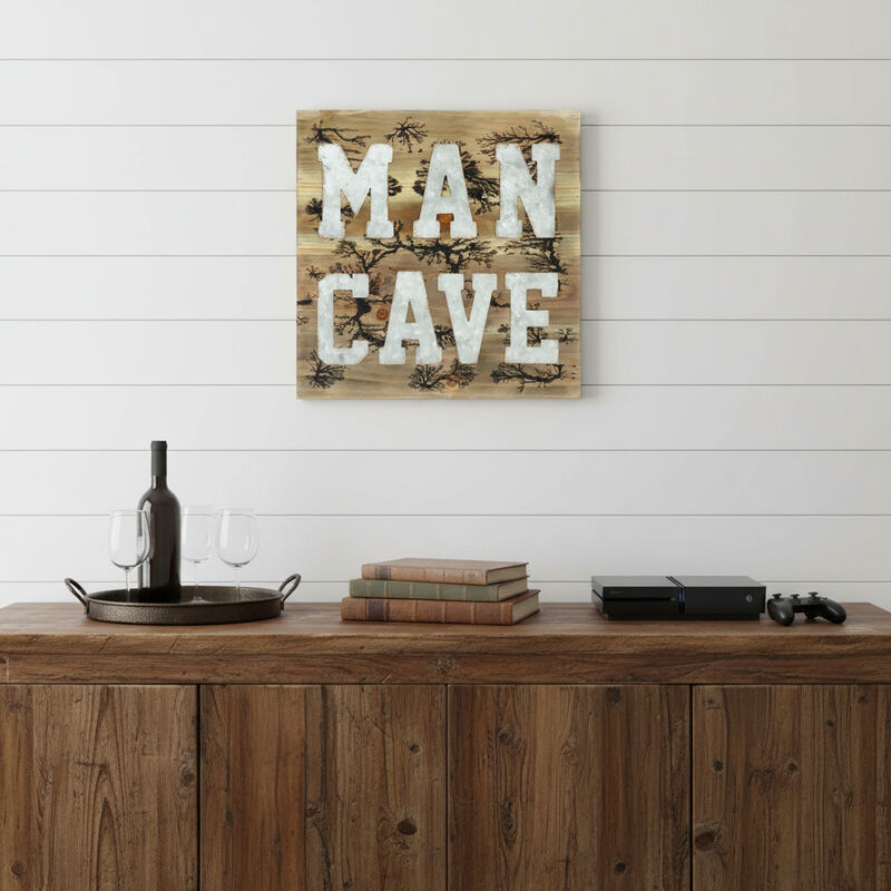 HomeRoots 16" X 16" Brown And Gray Man Cave Wood And Metal Wall Decor image number 1