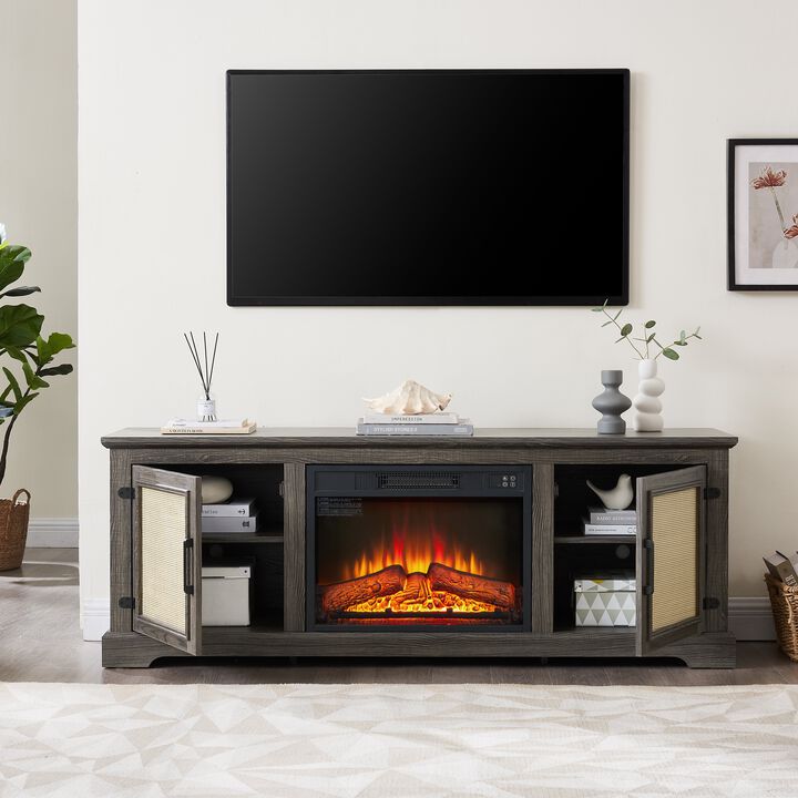 Mondawe Farmhouse Rattan TV Stand Console With Fireplace, Suitable For Storage Of TV Under 70 Inches