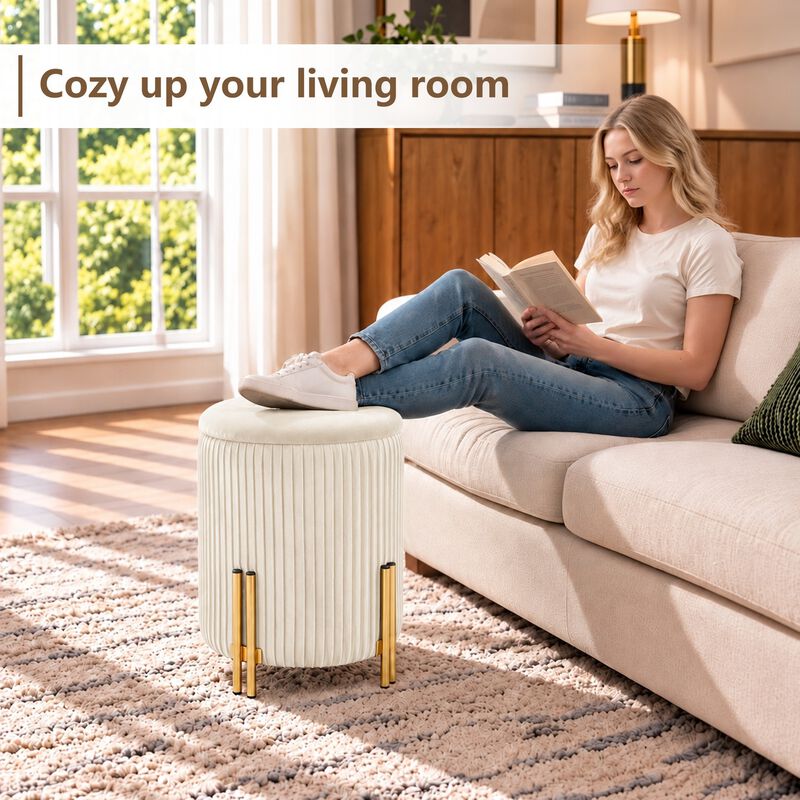 Off-White Round Velvet Storage Ottoman with Reversible Tray Lid, Gold Metal Legs image number 6