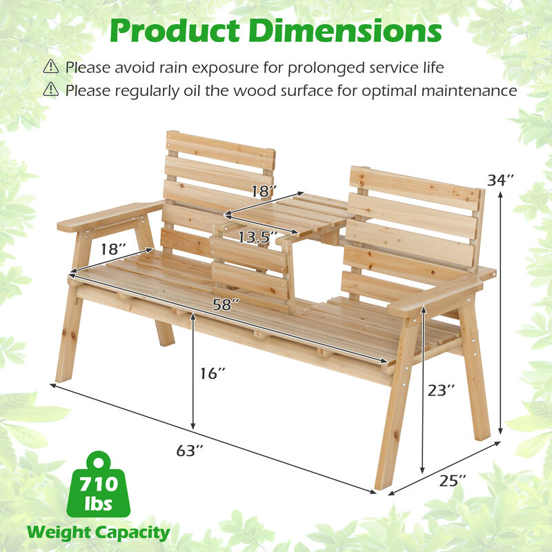 Patio Fir Wood Bench with Convertible Fold-Down Middle Table. image number 2