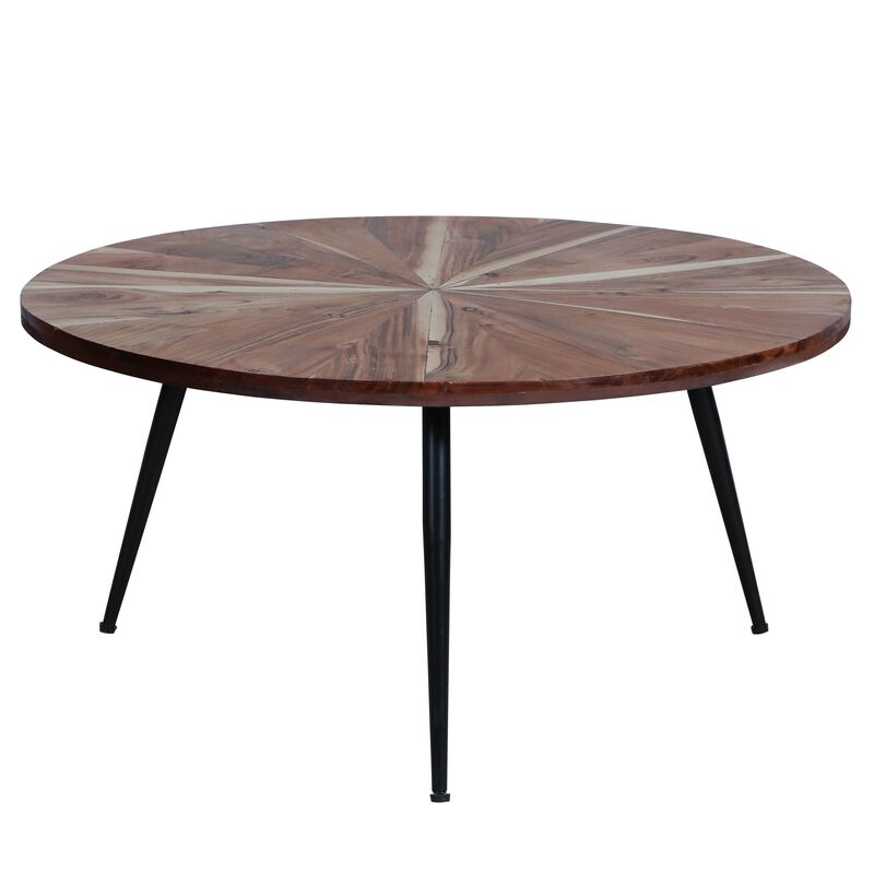 31 Inch Round Acacia Wood Coffee Table, Sunburst Design, Black Powder Coated Tapered Iron Legs, Natural Brown-Benzara