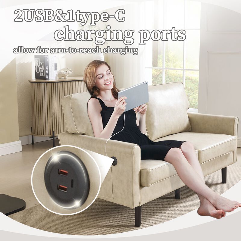 Mondawe PU Leather Loveseat, 2 Seater Small Sofa Couches with USB & Removable Pillow Cover