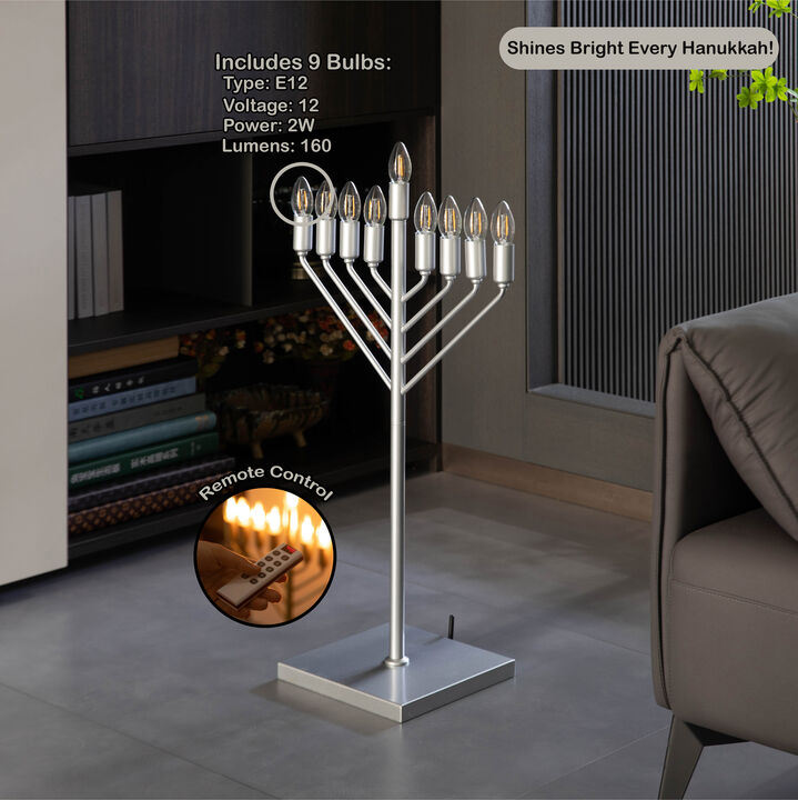 Gold Finish Modern Contemporary Hanukkah Menorah with Remote Control for Home, Office, or Kitchen, LED Light Bulbs, and Remote Control for Easy Daily Hanukkah Lighting Sequence