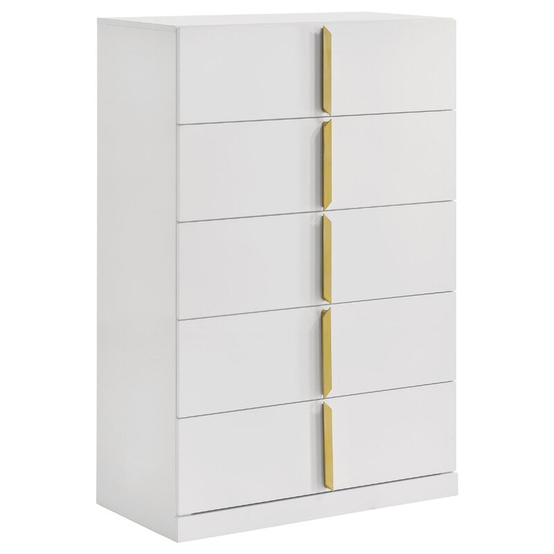 Orion Tall Dresser Chest with 5 Drawers, Gold Handles, Glossy White Wood image number 2