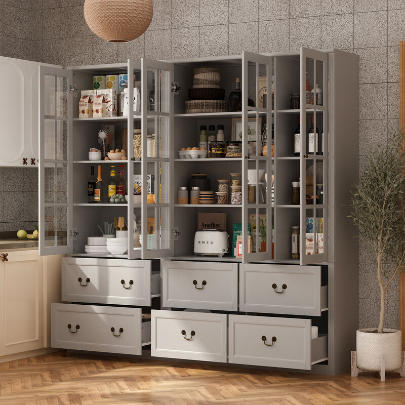 FUFU&GAGA 12-Shelf Wood Sideboards with Glass Doors & 6 Drawers,  Elegant and Spacious Storage Solution, (78.7" L x 15.7" W x 78.7" H), Black