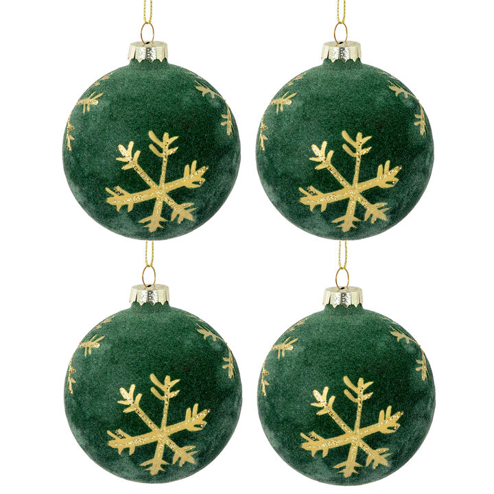 4ct Green Velvet Glass Christmas Ball Ornaments with Gold Snowflakes 3" (80mm)