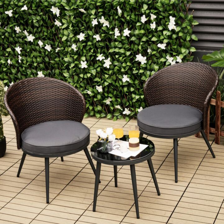 Hivvago 3 Pieces Patio Rattan Bistro Set with 2 Seat Cushions and Tempered Glass Tabletop