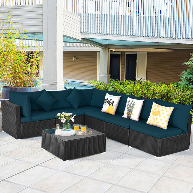 7-Piece Outdoor Sectional Wicker Patio Sofa Set with Tempered Glass Top