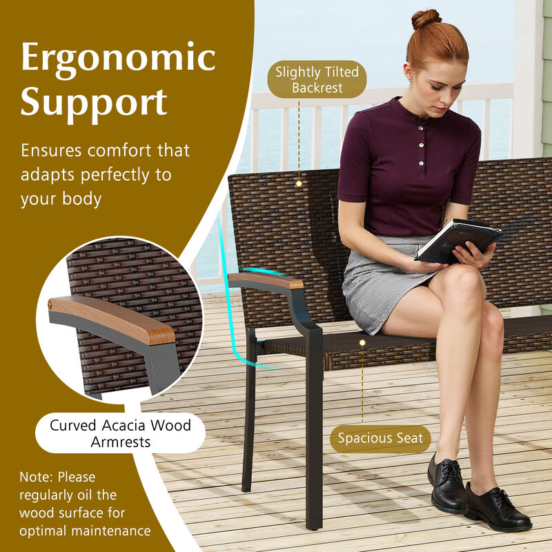 Wicker Patio Loveseat Chair Featuring Acacia Wood Armrests and Metal Frame