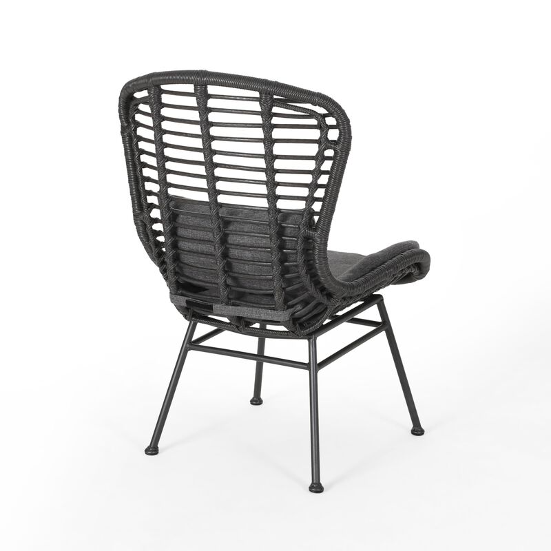 Outdoor Round Accent Chair Set of 2, Gray Faux Rattan, Black Iron