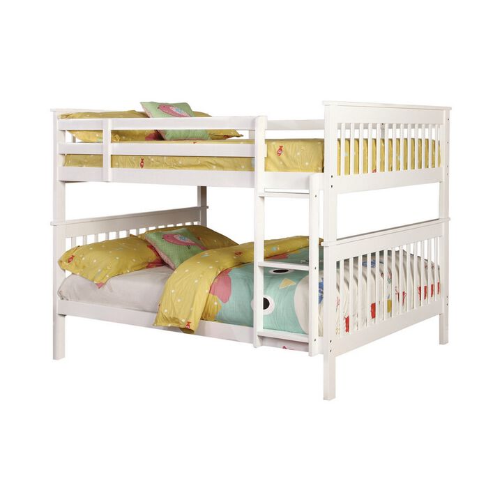 Mission Style Full over Full Bunk Bed with Attached Ladder, White-Benzara