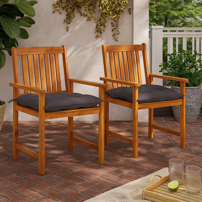 Blaire Outdoor Chair Set of 2, Charcoal Gray Fabric, Brown Acacia Wood - Benzara