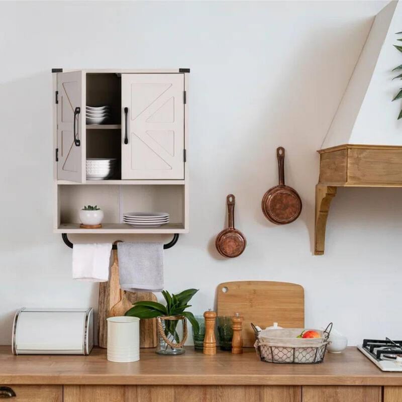 Hivvago White Farmhouse Bathroom Wall Cabinet with Storage Shelf and Towel Bar