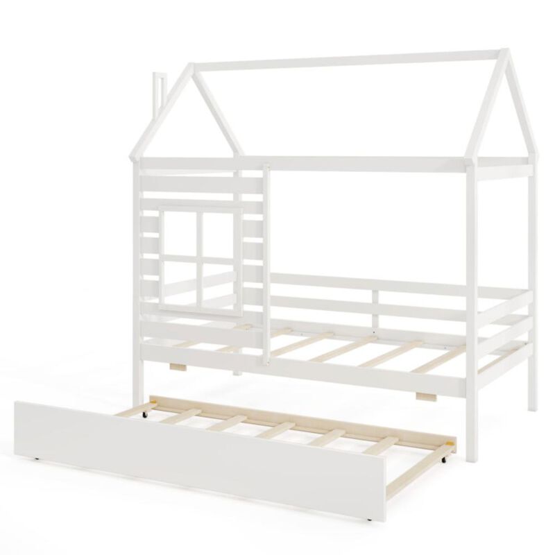 Hivvago Twin Size Wooden Platform House Bed with Trundle and Roof