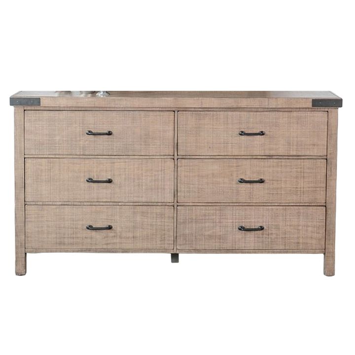 Desy Wide Dresser Chest with 6 Drawers, Light Brown Mahogany Wood - Benzara
