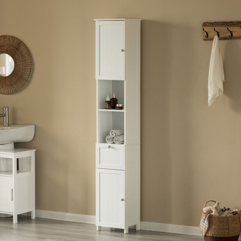 White Tall Standing Bathroom Linen Tower Storage Cabinet for Bathroom and Vanity