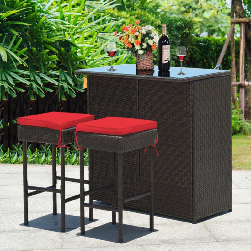 Hivvago 3 Pieces Outdoor Rattan Wicker Bar Set with 2 Cushions Stools