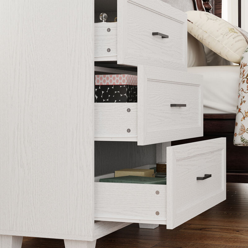FUFU&GAGA Classic White Wood Grain Dresser Nightstand with 3-Tier Drawers, Black Pulls & Beveled Edge Design (34.4" Hx 31.4" W x 15.7" D)