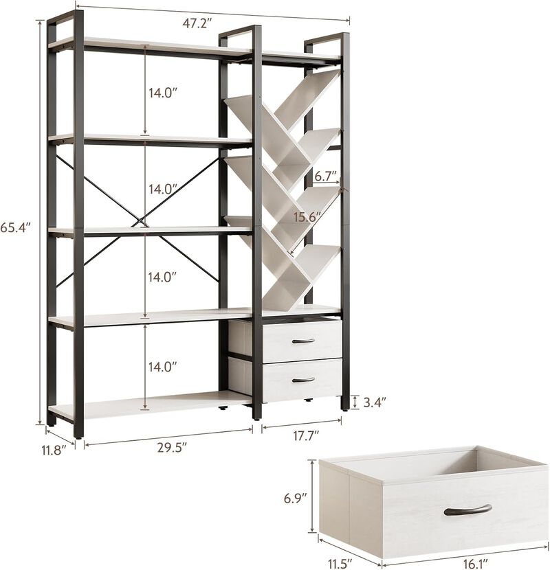 Bookshelf, 5 Tier Bookshelves with Tree Display Shelves, 65&rdquo; Tall Floor Standing Bookcase with 2 Drawers and 6 Adjustable Feet for Home, Office image number 2