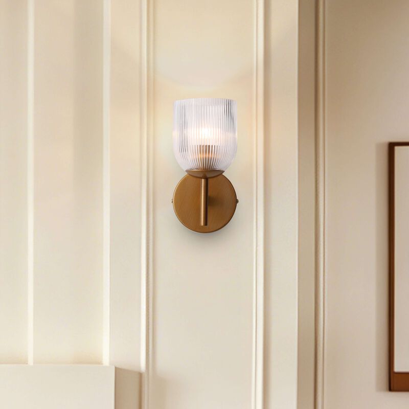 Alda 1 Light Mini Clear Ribbed Glass Shade Wall Sconce - Medium‑gloss Brushed Brass Finish image number 3