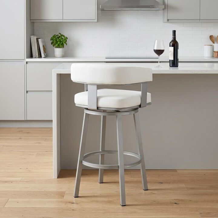 HomeRoots 26" White And Gray Faux Leather And Fabric And Iron Low Back Counter Height Swivel Bar Chair