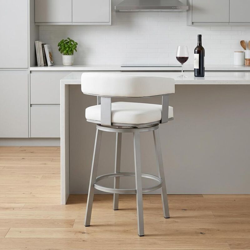 HomeRoots 26" White And Gray Faux Leather And Fabric And Iron Low Back Counter Height Swivel Bar Chair image number 1