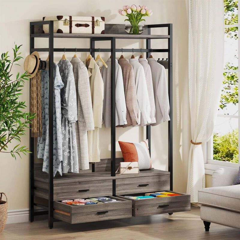 Hivvago Heavy Duty Brown Black Garment Rack Clothes Hanging Rod with 4 Storage Drawers