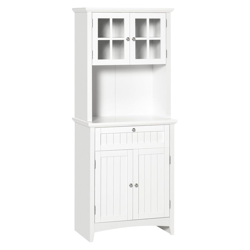 White Kitchen Buffet: Freestanding Hutch with Glass Door and Drawer